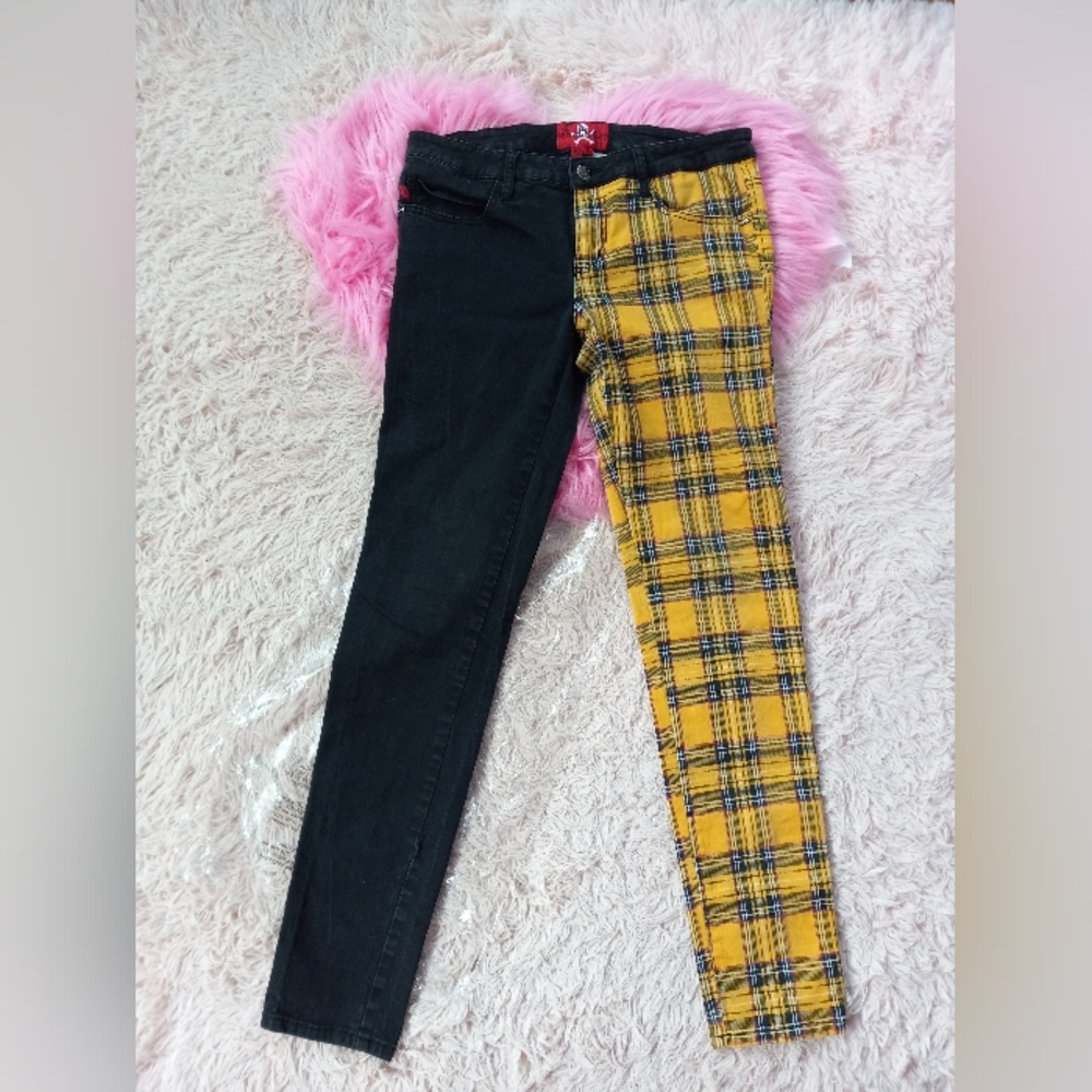 Tripp split personality half yellow plaid half black skinny jeans! Royal Bones - Picture 1 of 8